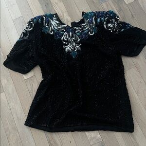 Unique Vintage Black Top with Blue and Silver Embellishments